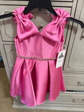Rare Editions Bright Pink Satin Party Dress with Bow Straps
